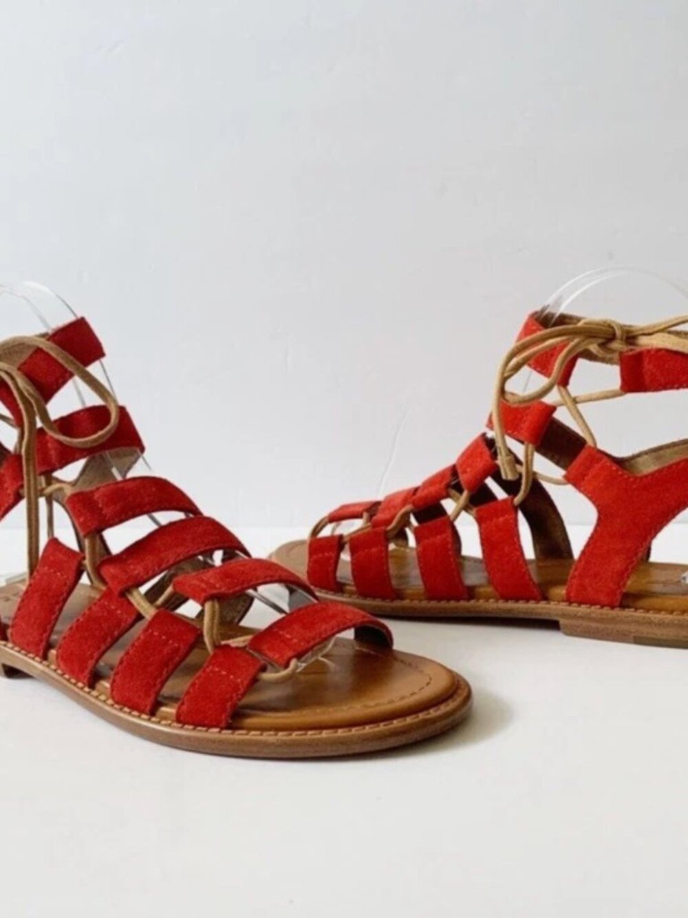 Red Suede Gladiator Lace-Up Sandals - Women